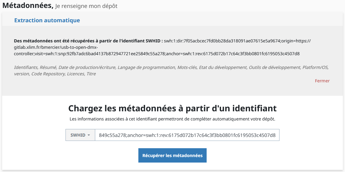 Exemple de métadonnées récupérées